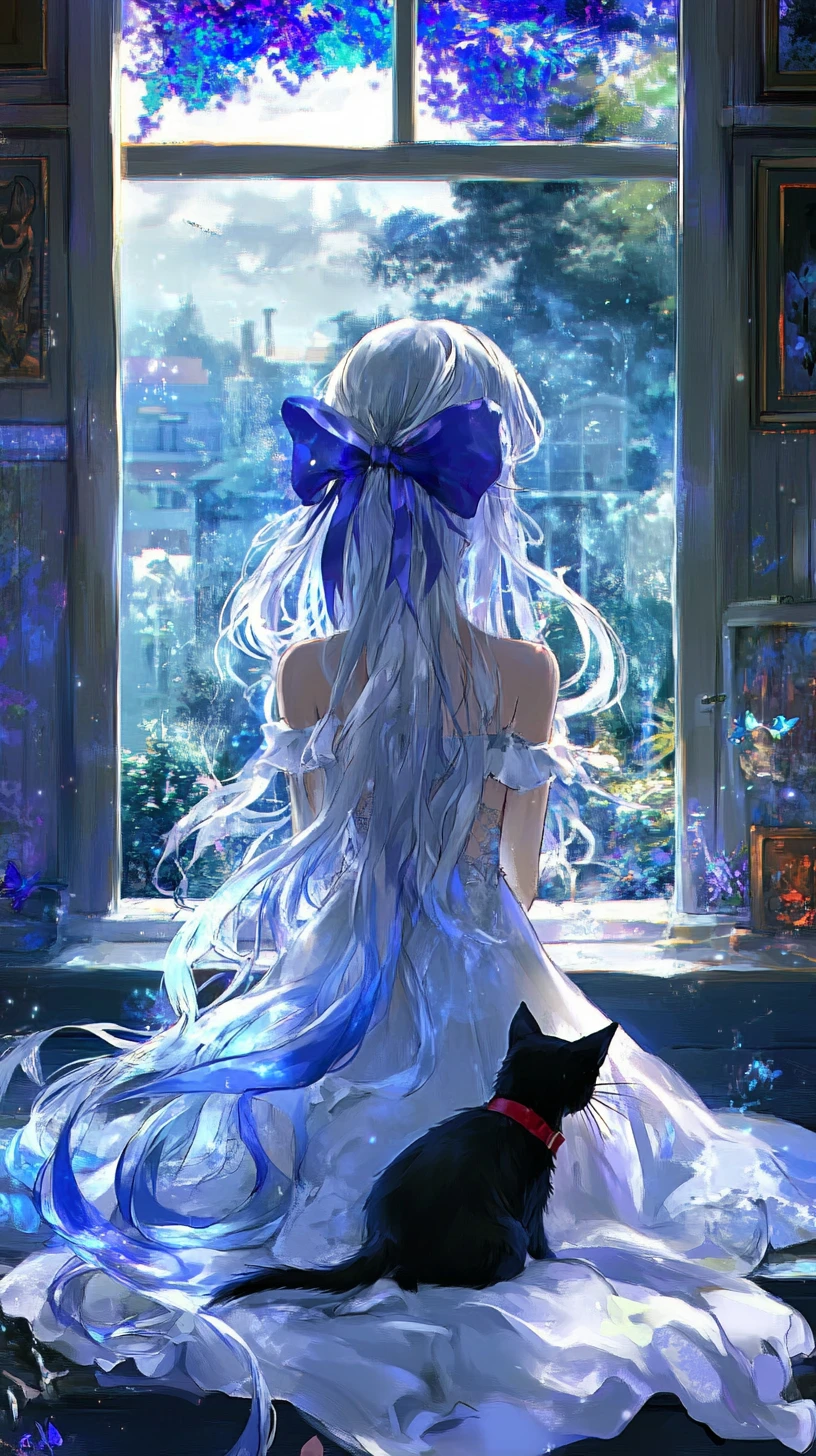 Anime girl in a burned snowflake dress with ghostly blue eyes