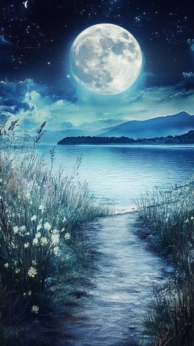 Moonlit path through pampas grass to a tranquil beach