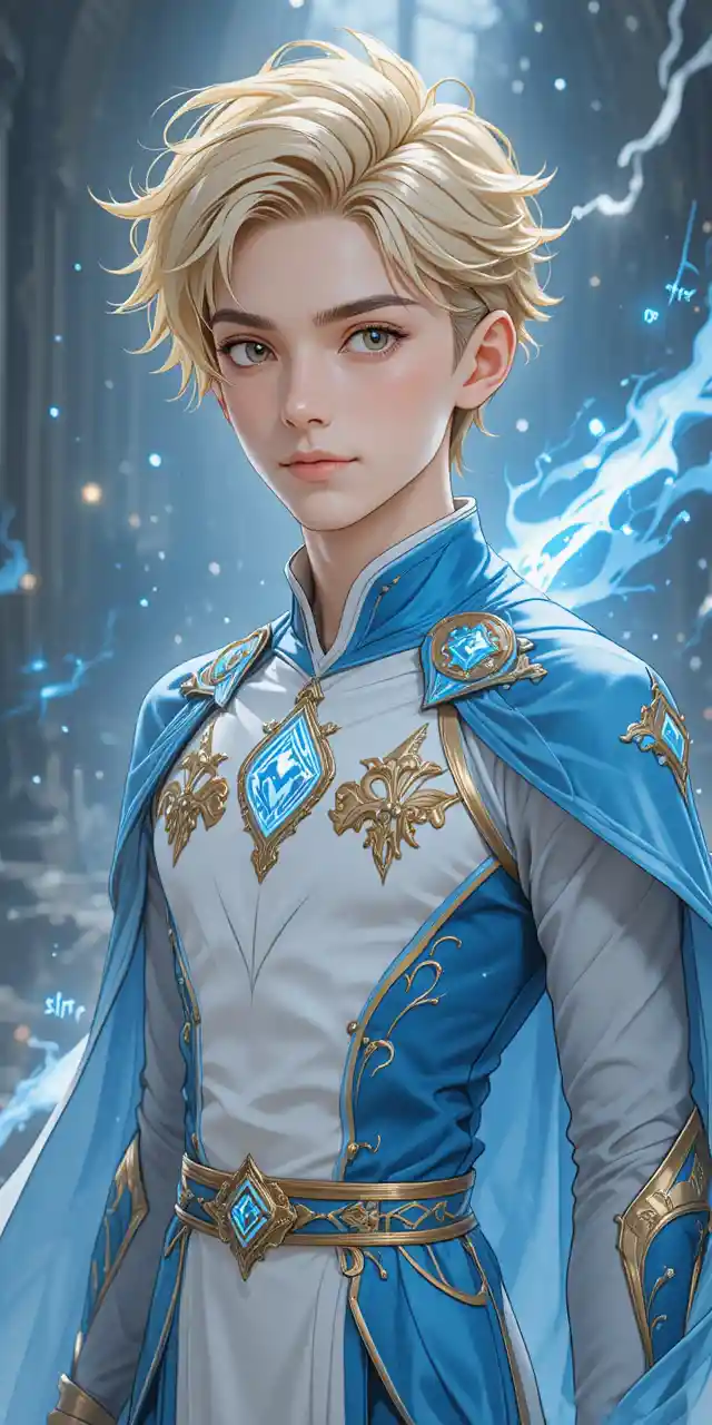Young anime hero with glowing antlers in blue outfit