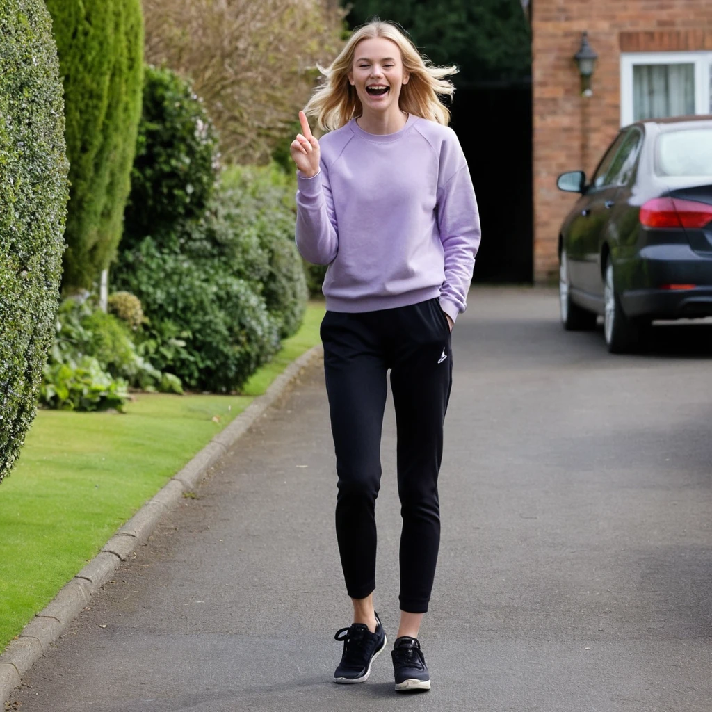 Blonde woman waving with joy in a driveway
