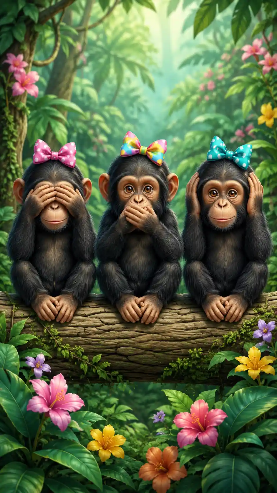 Three Cute Cartoon Chimpanzees On A Jungle Log