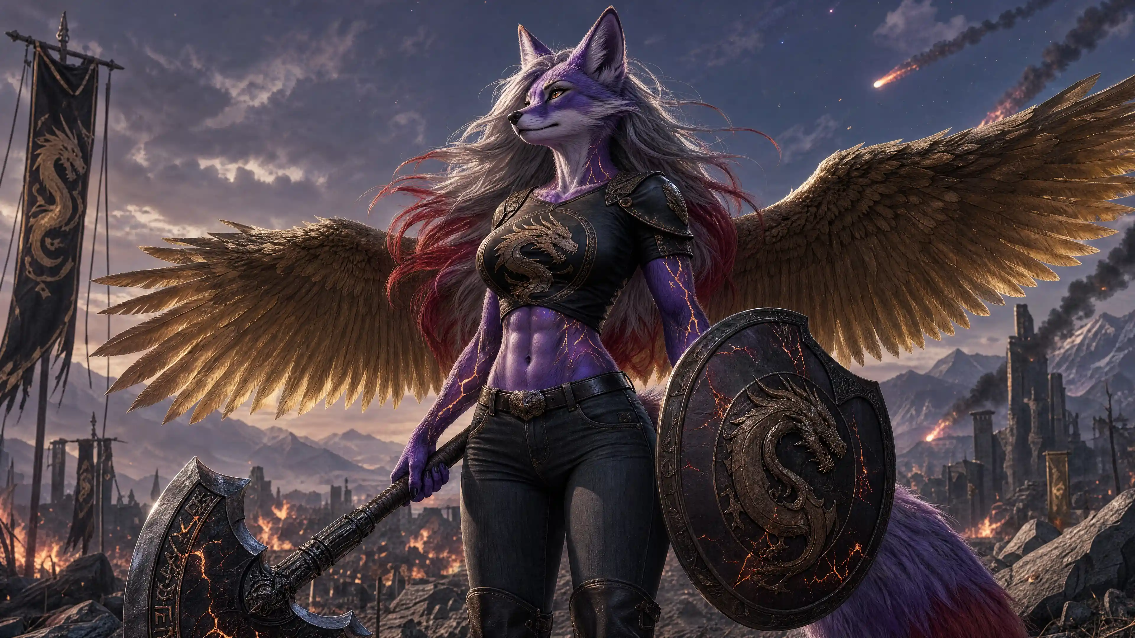 Anthro purple fox warrior with golden eagle wings