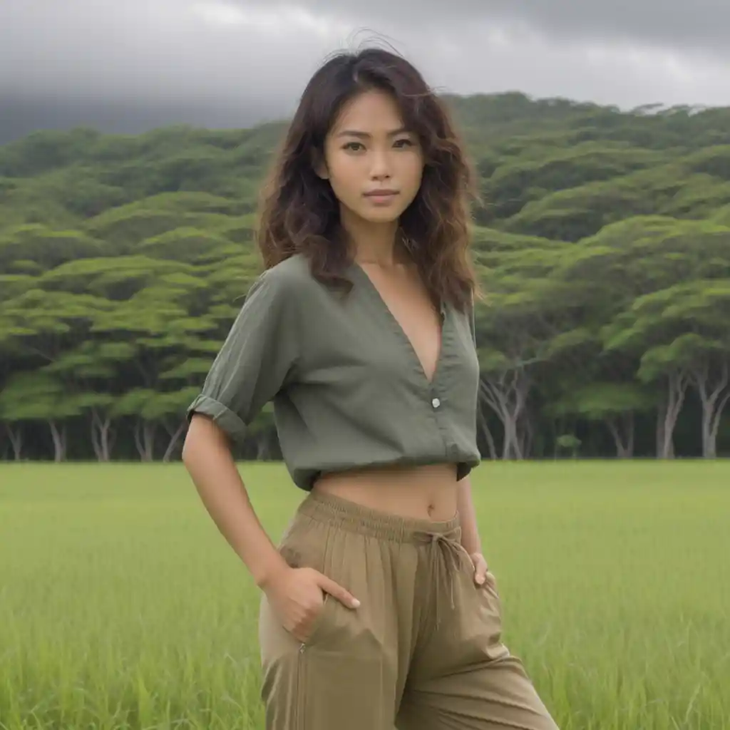 Junge Okinawanerin steht in einem ruhigen, offenen Feld