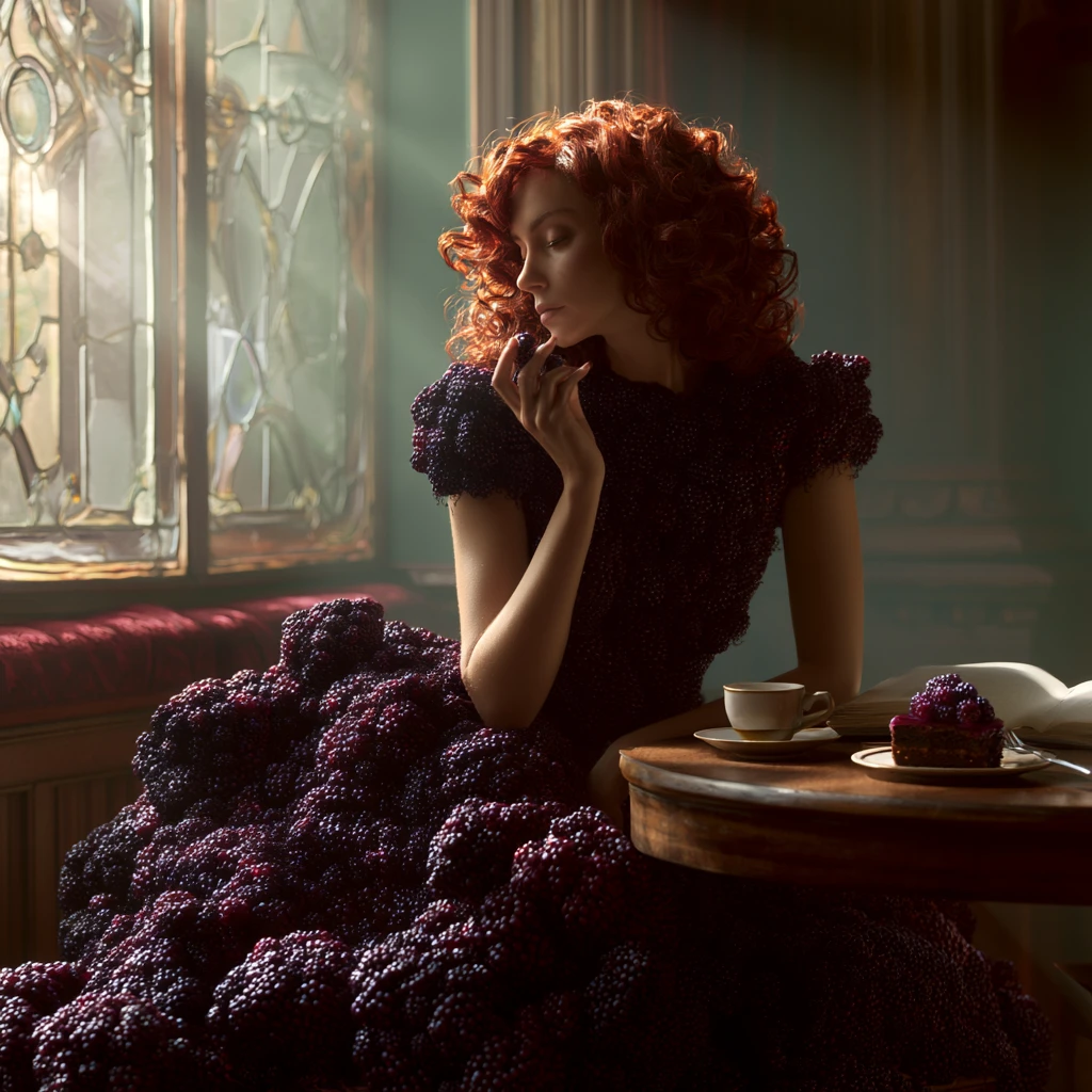 Fantasy woman with blackberry dress in enchanted cafe