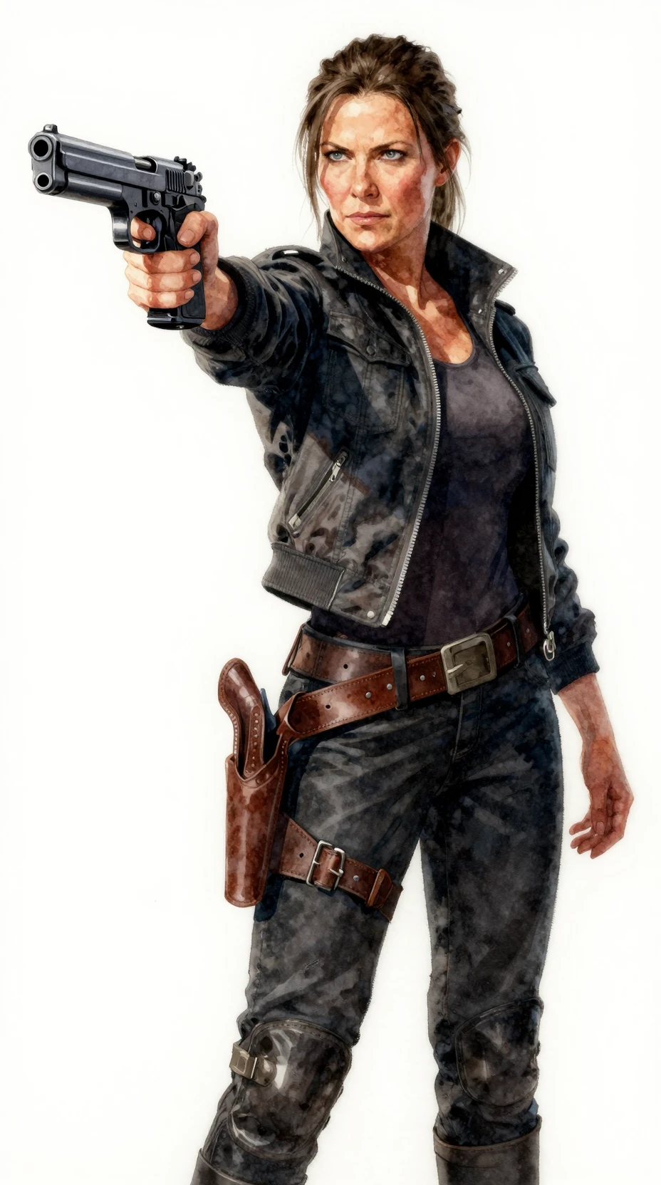 Confident middle aged woman aiming futuristic pistol forward