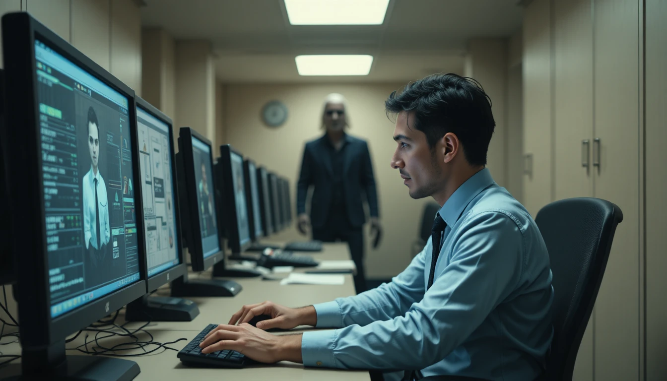 Office worker at computer following on screen button commands