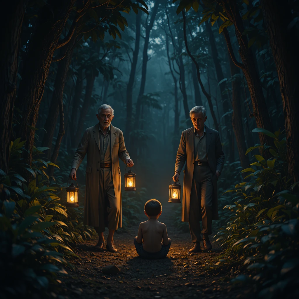 Elderly couple with lanterns finding a crying boy at night