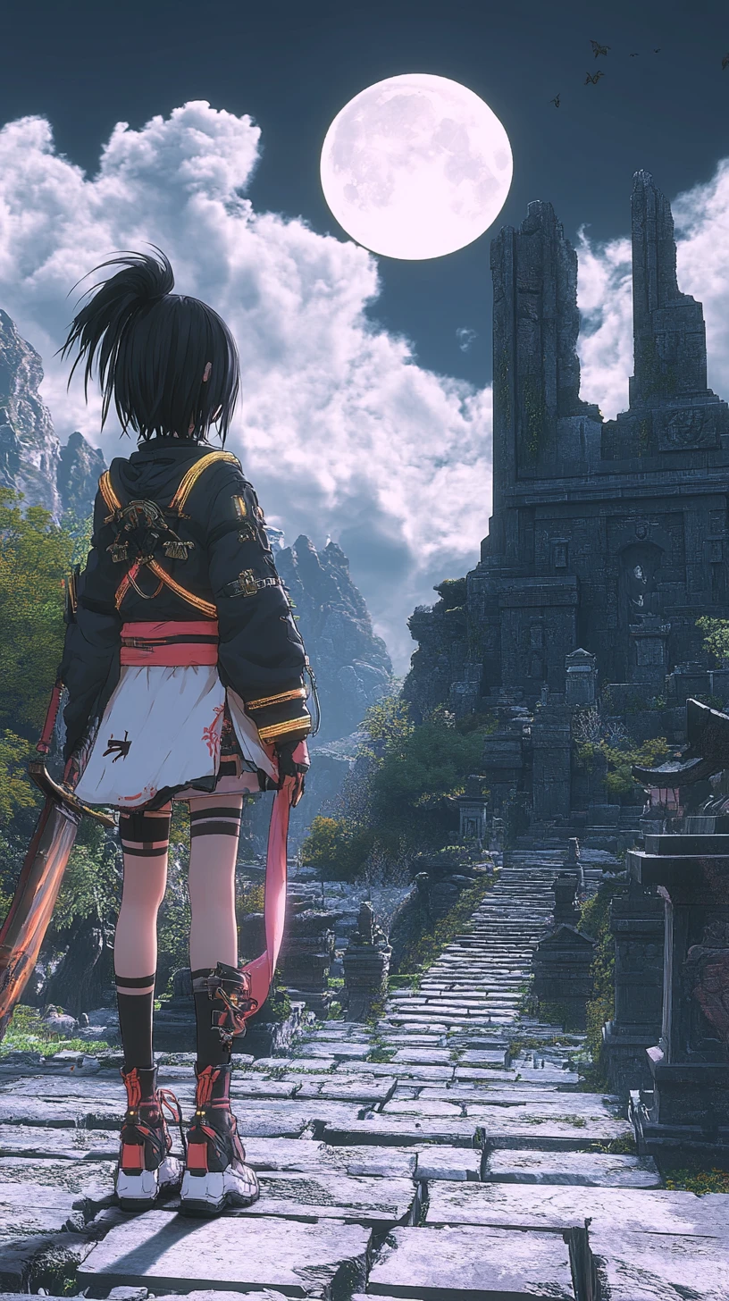 Girl walking up stone stairs under half moon sky