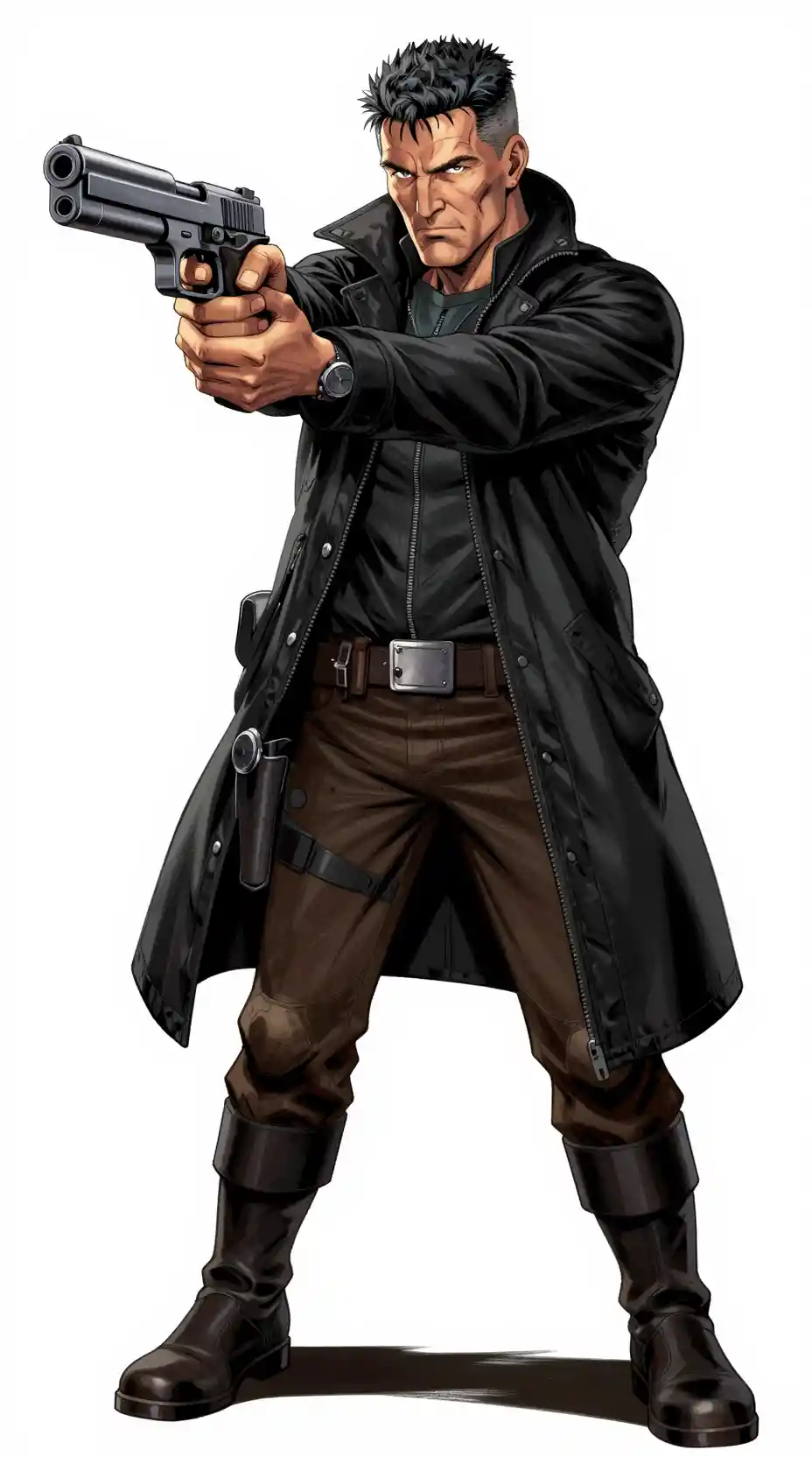 Armed Middle Aged Man In Long Coat Aiming Futuristic Pistol