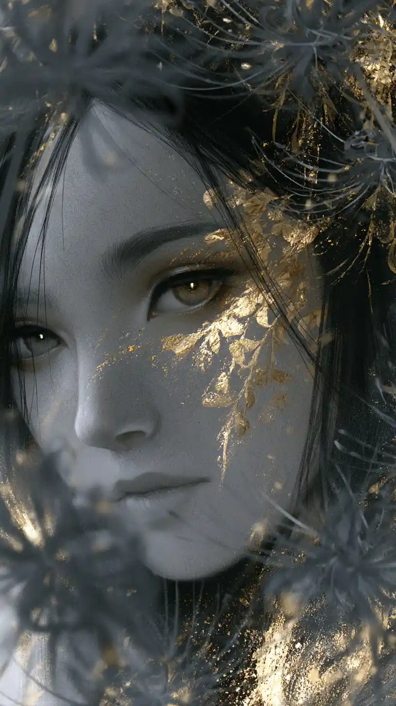 Melancholic Girl Portrait With Gold Leaf And Dark Florals