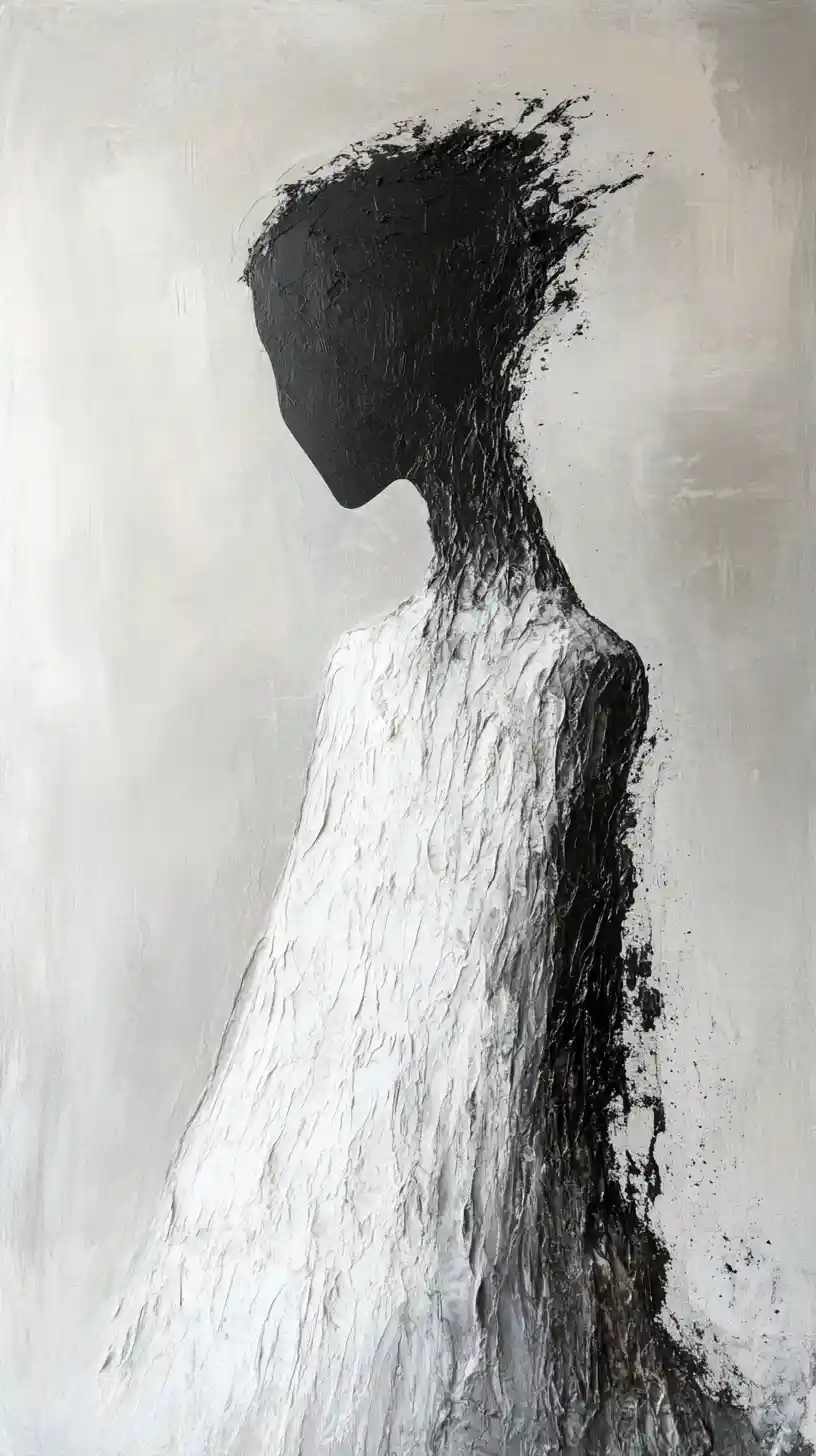 Abstract figure dissolving into motion and open negative space