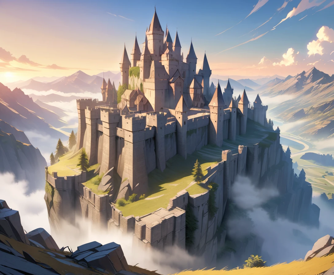Medieval stone castle on a mountain peak at sunrise