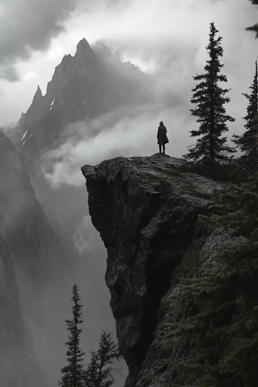 Lone figure on cliff beneath looming mountain storm clouds