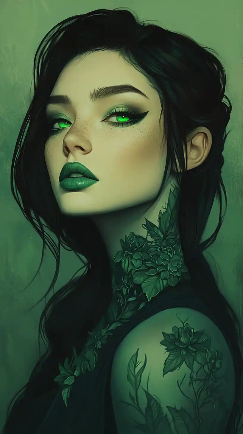 Surreal green tattooed woman portrait with glowing emerald eyes