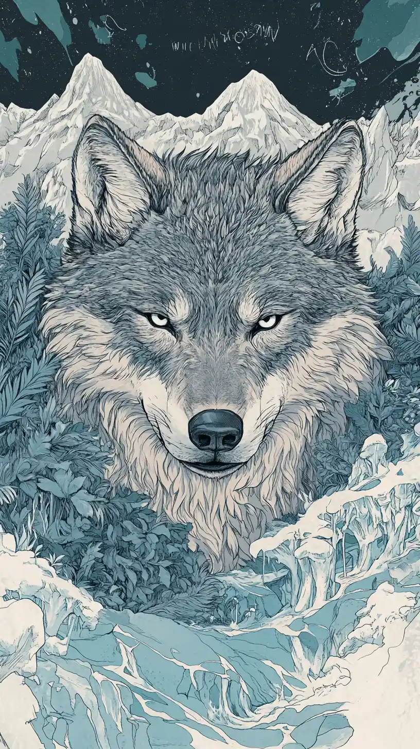 Powerful wolf illustration in a dramatic mountain landscape
