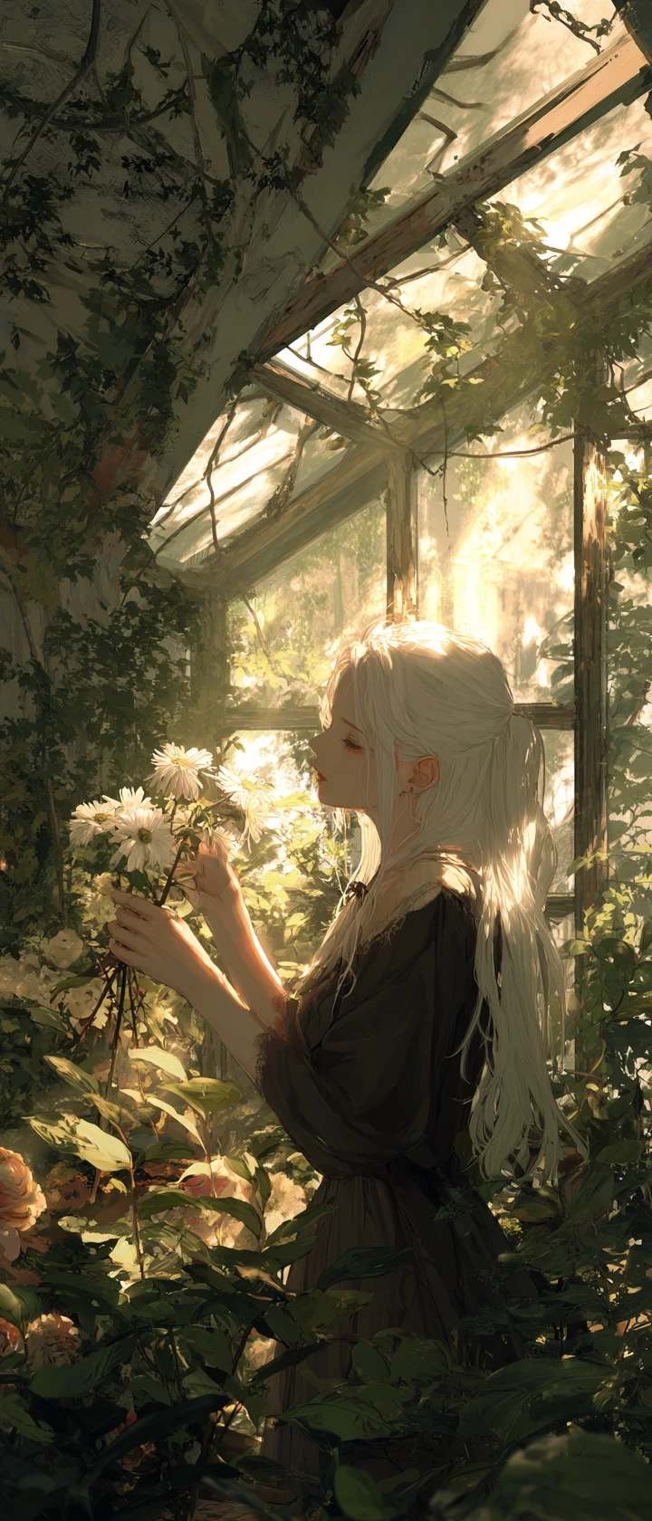Donna anime triste in una serra invasa dalla vegetazione con raggi di luce