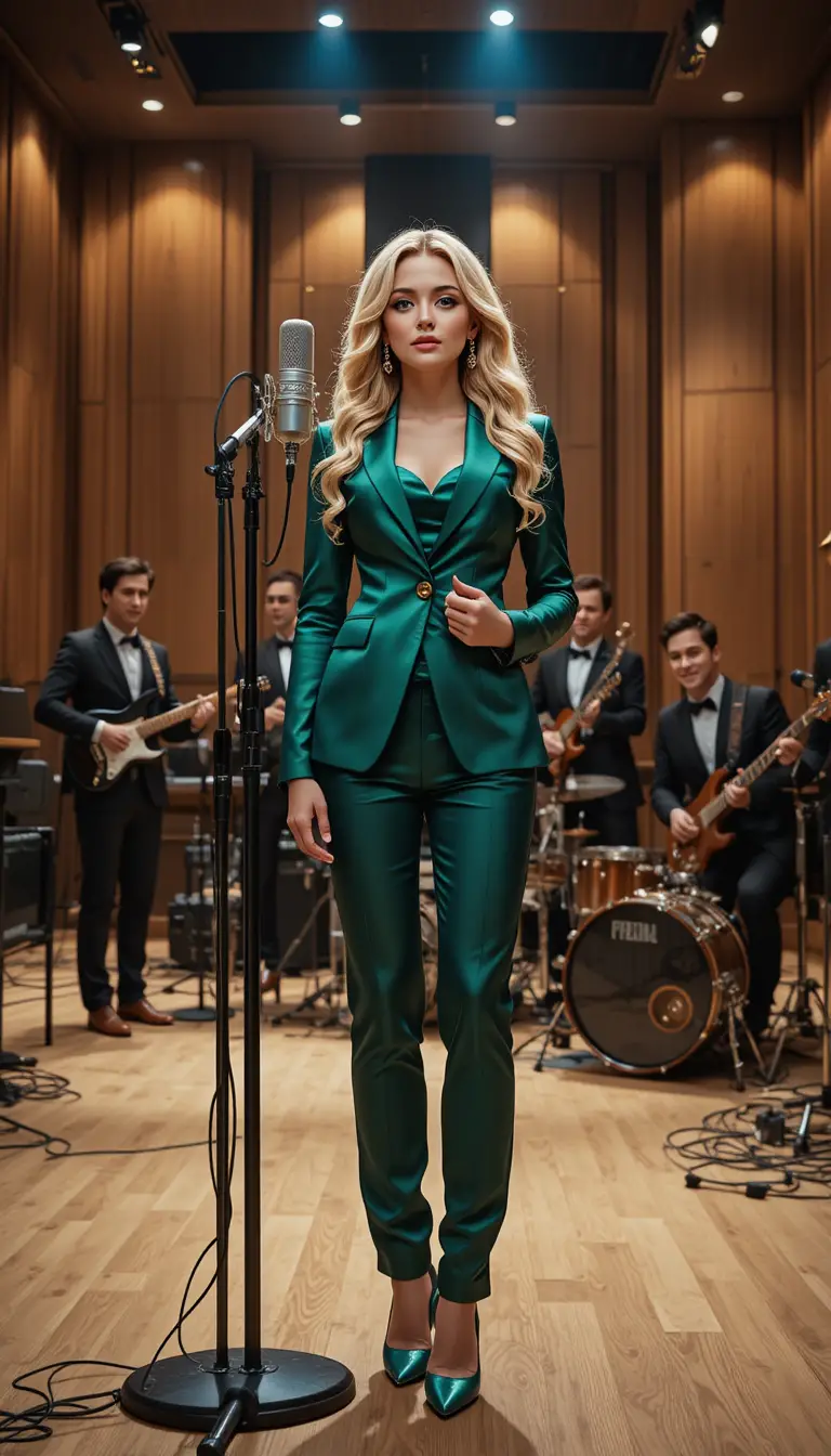 Confident singer in emerald suit at vintage studio microphone