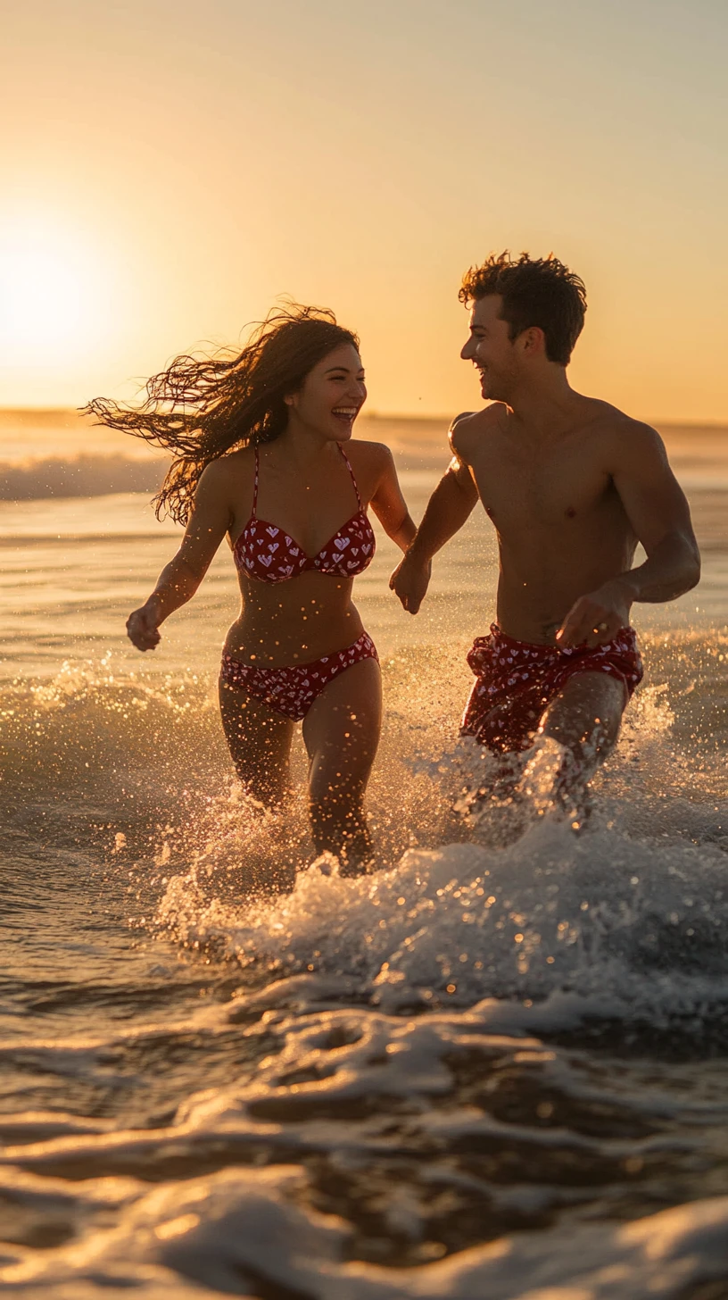 Happy couple in red beachwear running through ocean waves