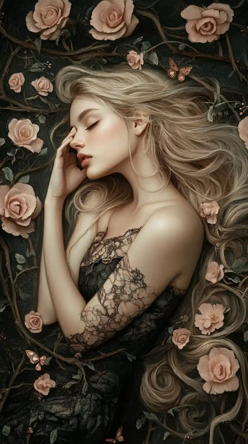 Dreamy girl resting among roses and tangled vines