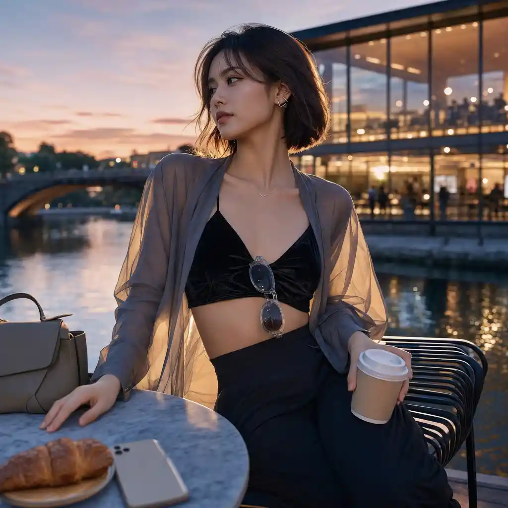 Young woman at canal side cafe at blue hour twilight