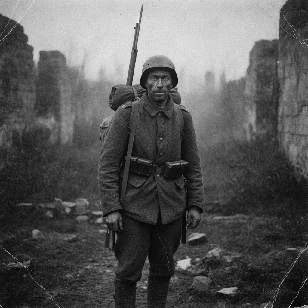 Weary early twentieth century soldier in misty countryside