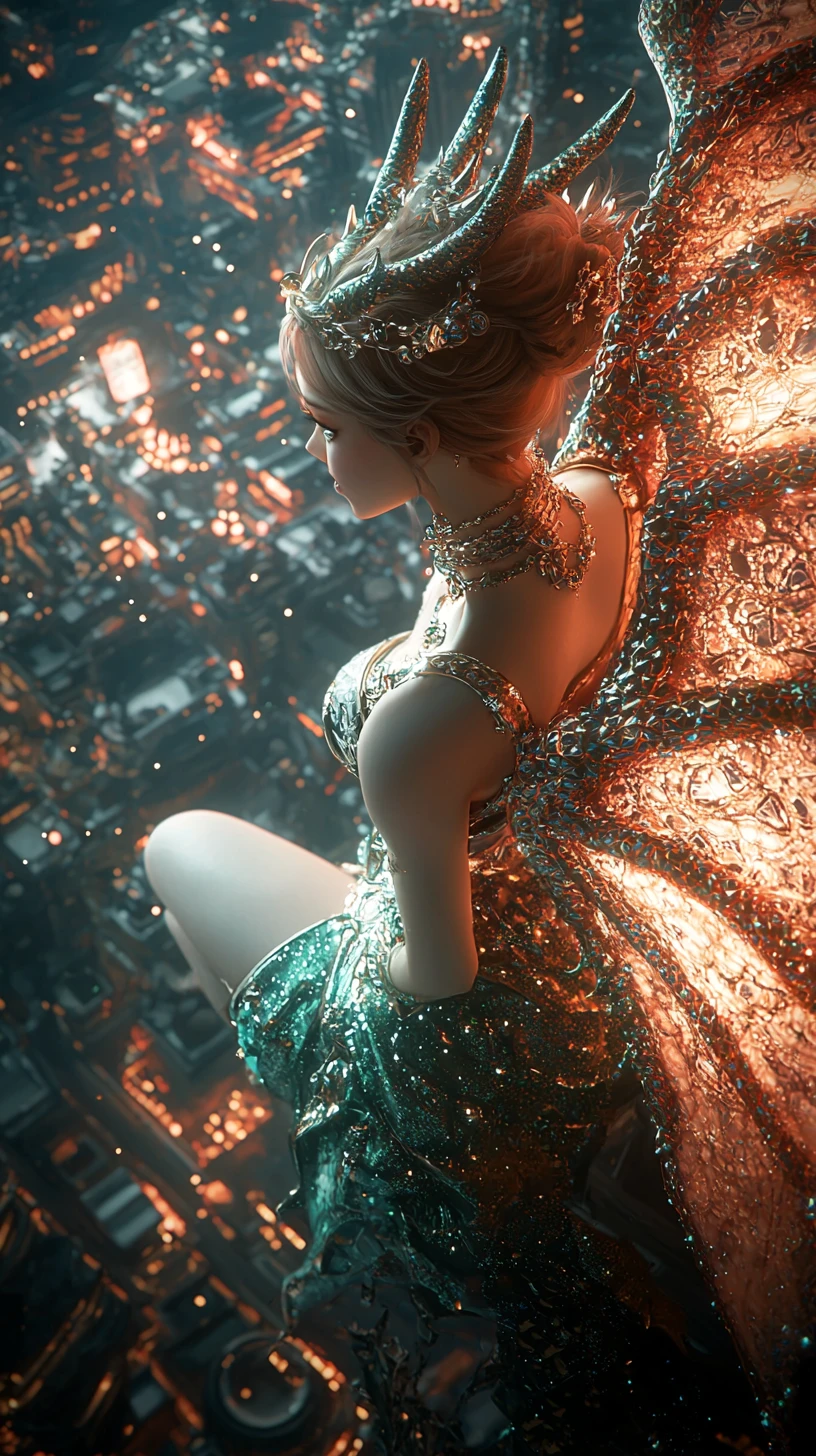 Dragon Soaring Above A Futuristic Cyberpunk Fantasy City