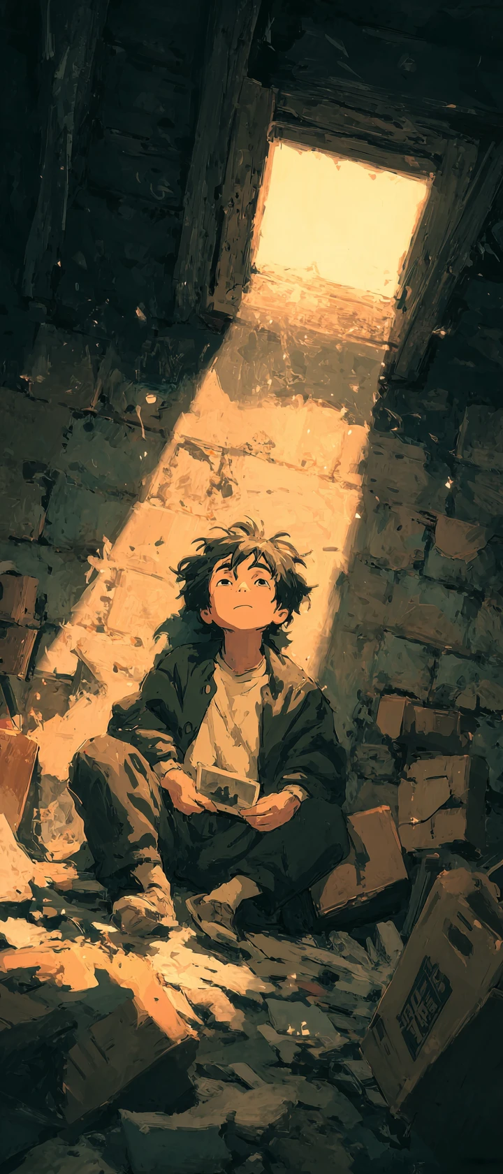 Boy in a dusty attic holding a faded photograph