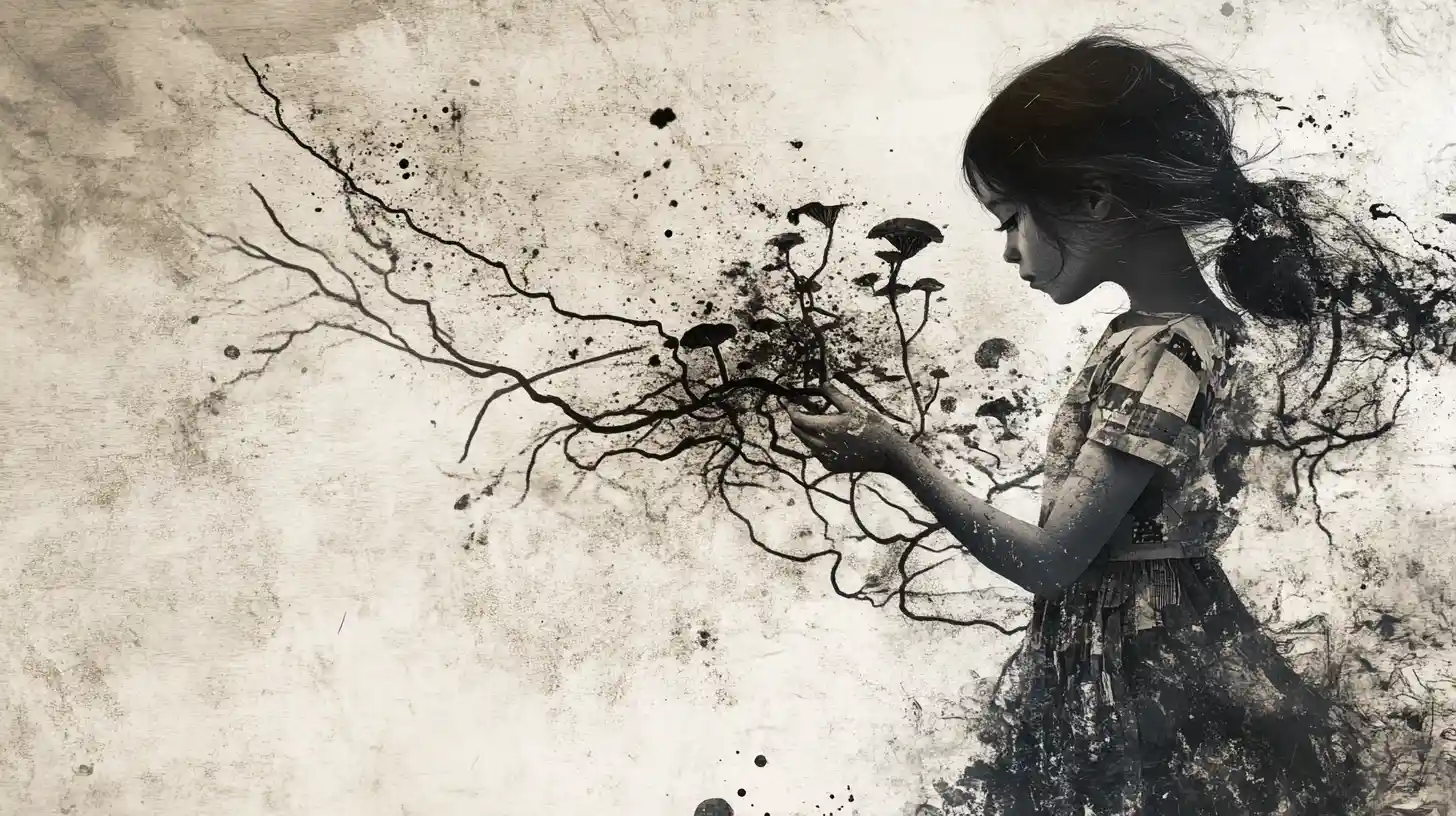 Melancholic girl holding glowing fantasy fungi branch