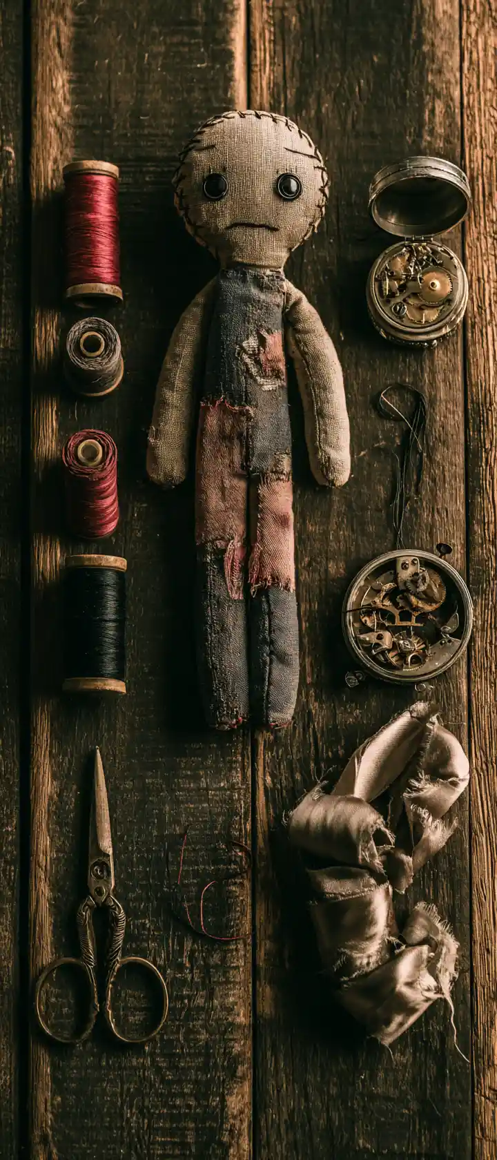 Moody flat lay of unfinished handmade gift on wood table
