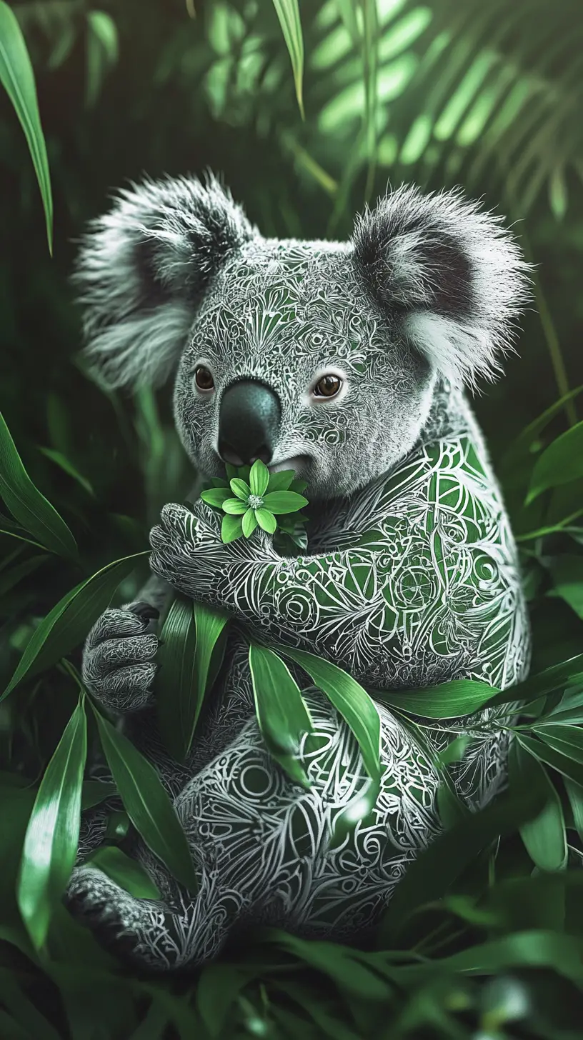 Koala hyperréaliste au pelage à motifs parmi des palmiers verts de jungle