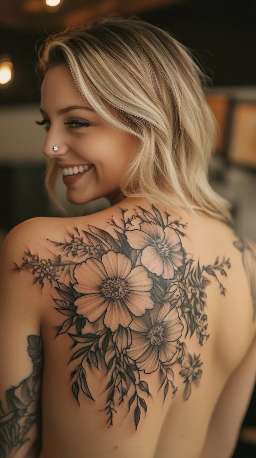 Smiling blonde woman with colorful floral back tattoo in jungle