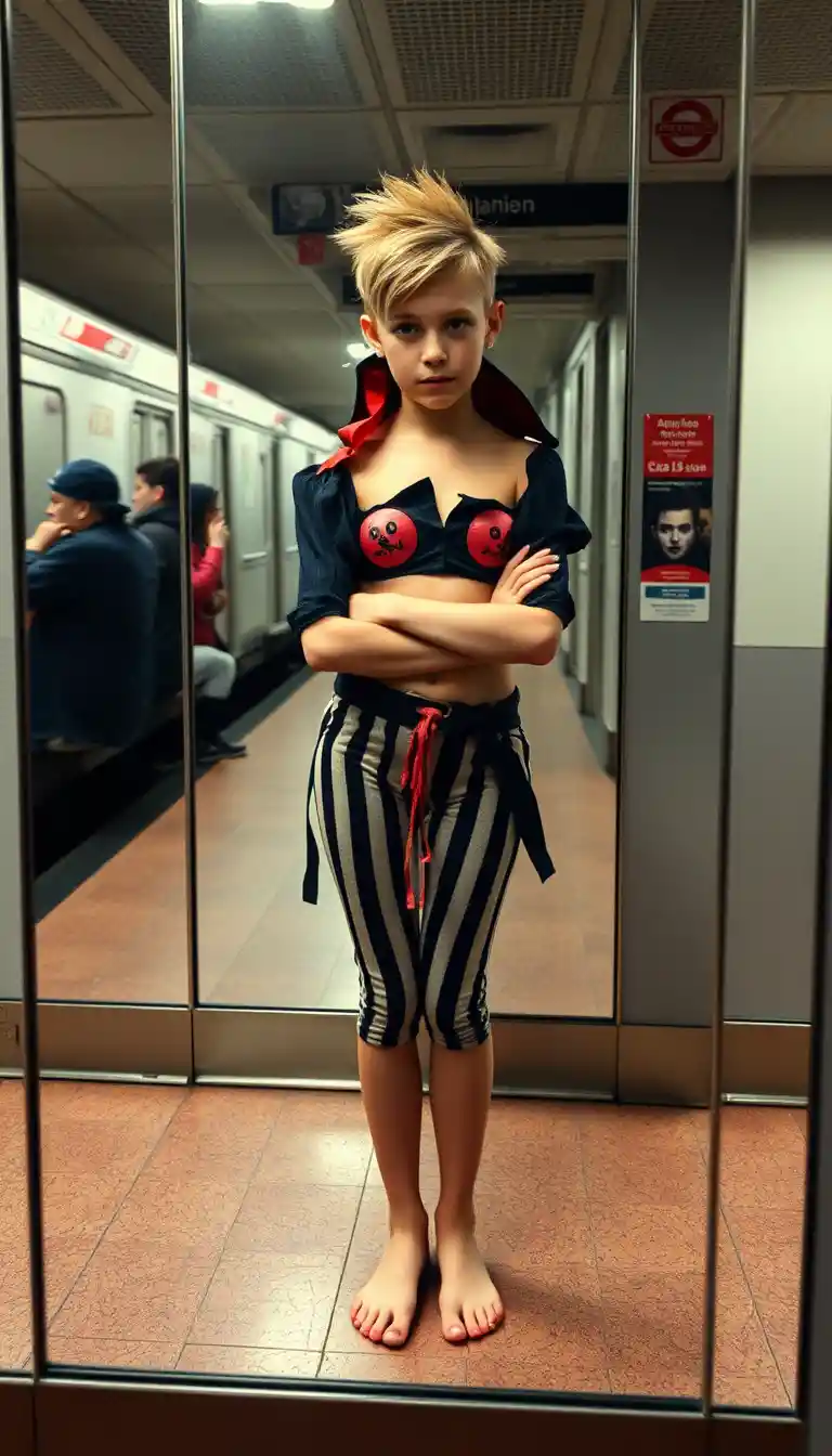 Barefoot young girl standing in a subway station