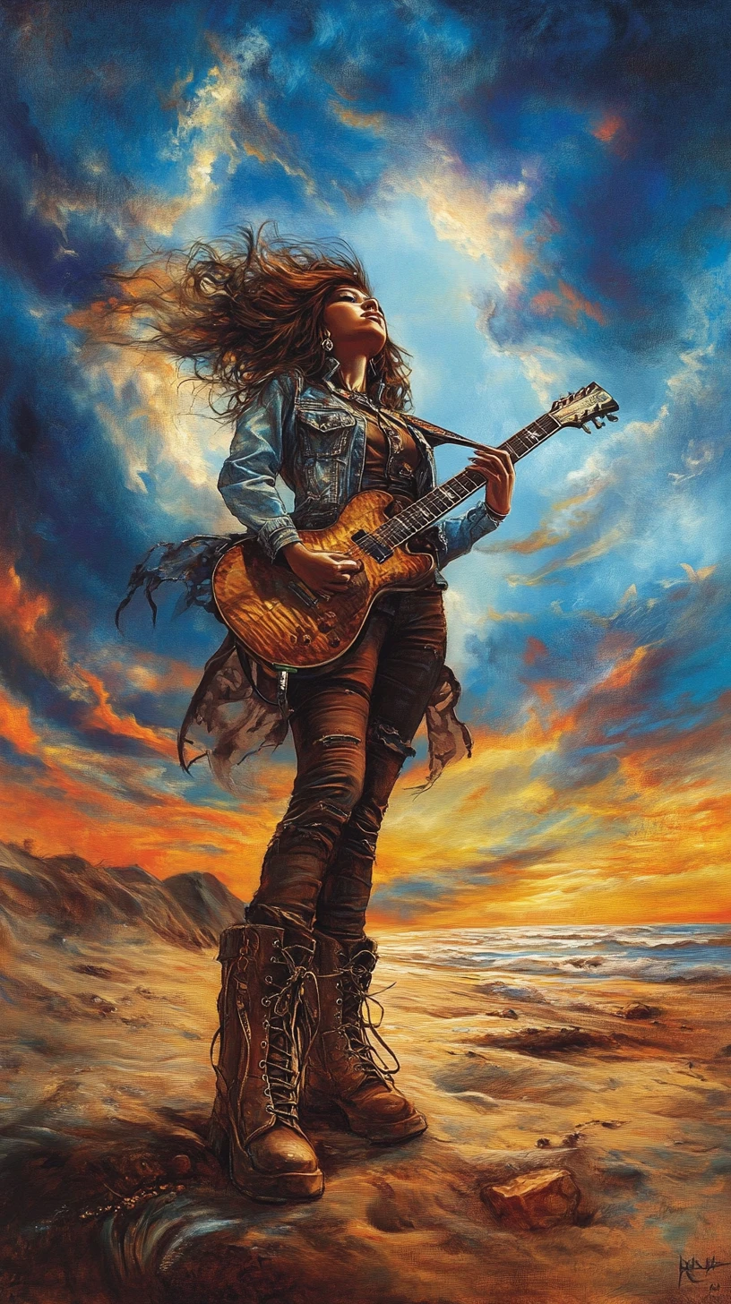 Hip hop woman with guitar on a dramatic sunset beach