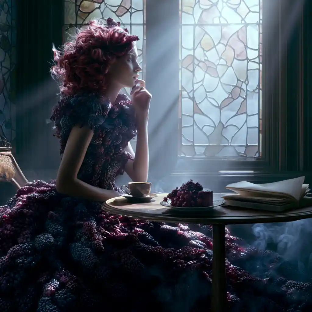 Fantasy woman of blackberries in a surreal cafe scene