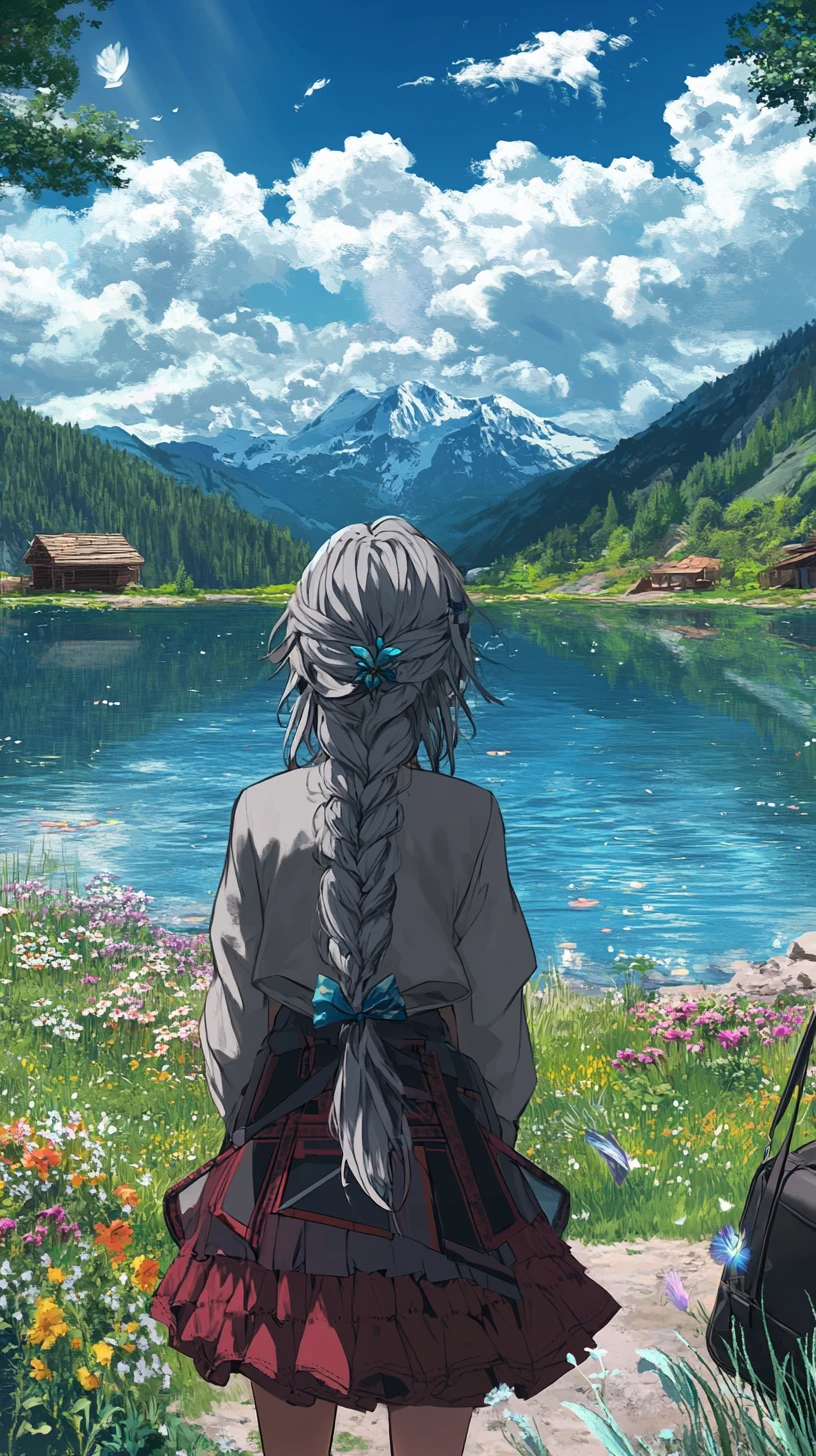 Anime lake with small island ruin and stone wall
