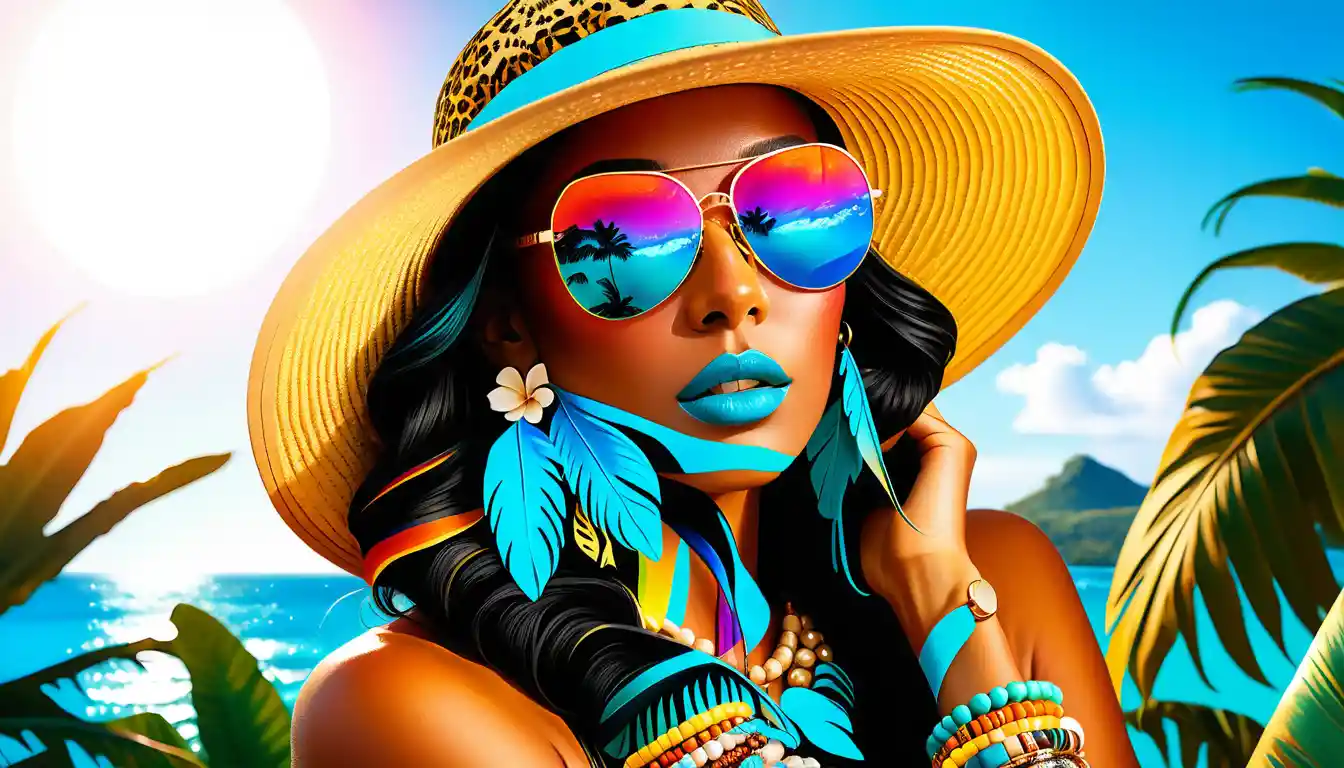 Bohemian fashion woman in tropical paradise with bold accessories