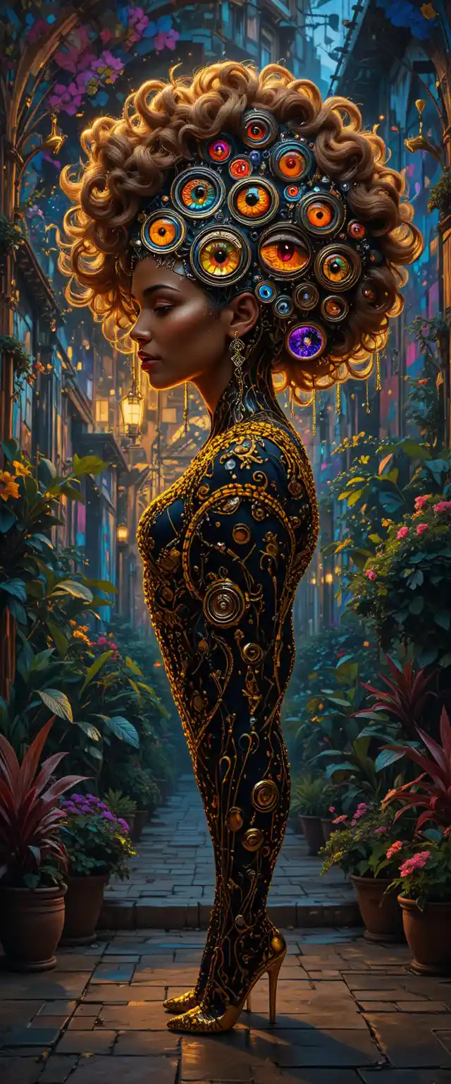Surreal woman in golden silhouette with neon cyberpunk vibes