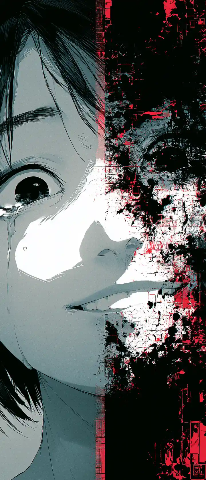 Split anime portrait of a girl smiling through tears