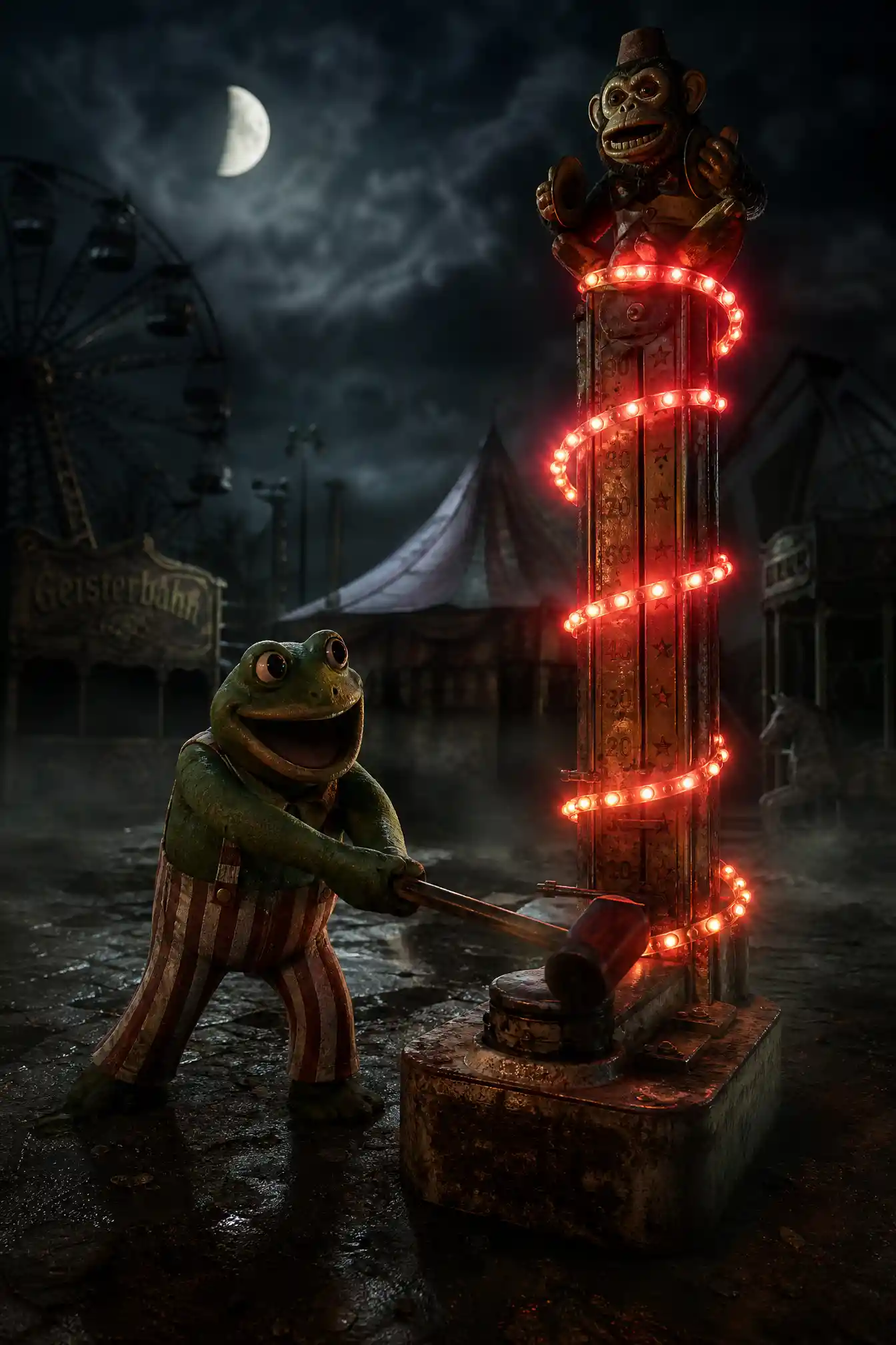 Anthropomorphic frog playing strongman game at night carnival
