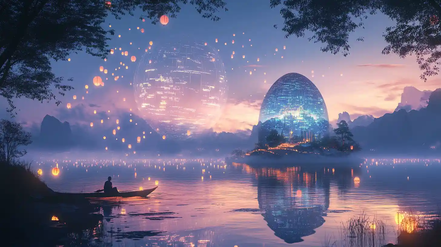 Moonlit data river with translucent structure and lone boat