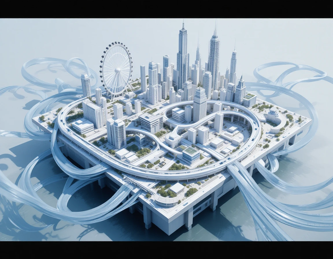 Modern waterfront city masterplan on floating urban platform
