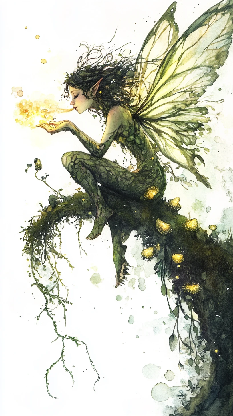 Forest fairy blowing glowing spores from a mossy branch