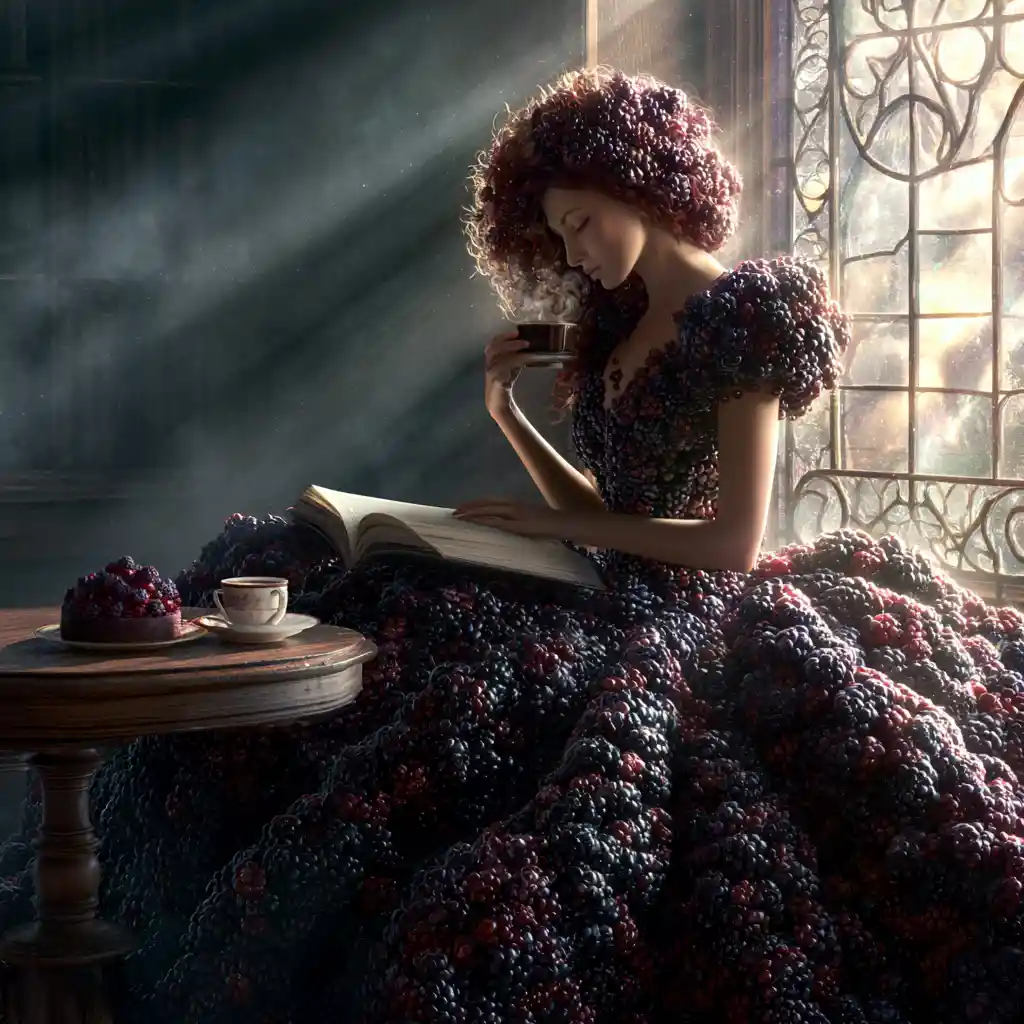 Fantasy woman in blackberry dress at surreal cafe table