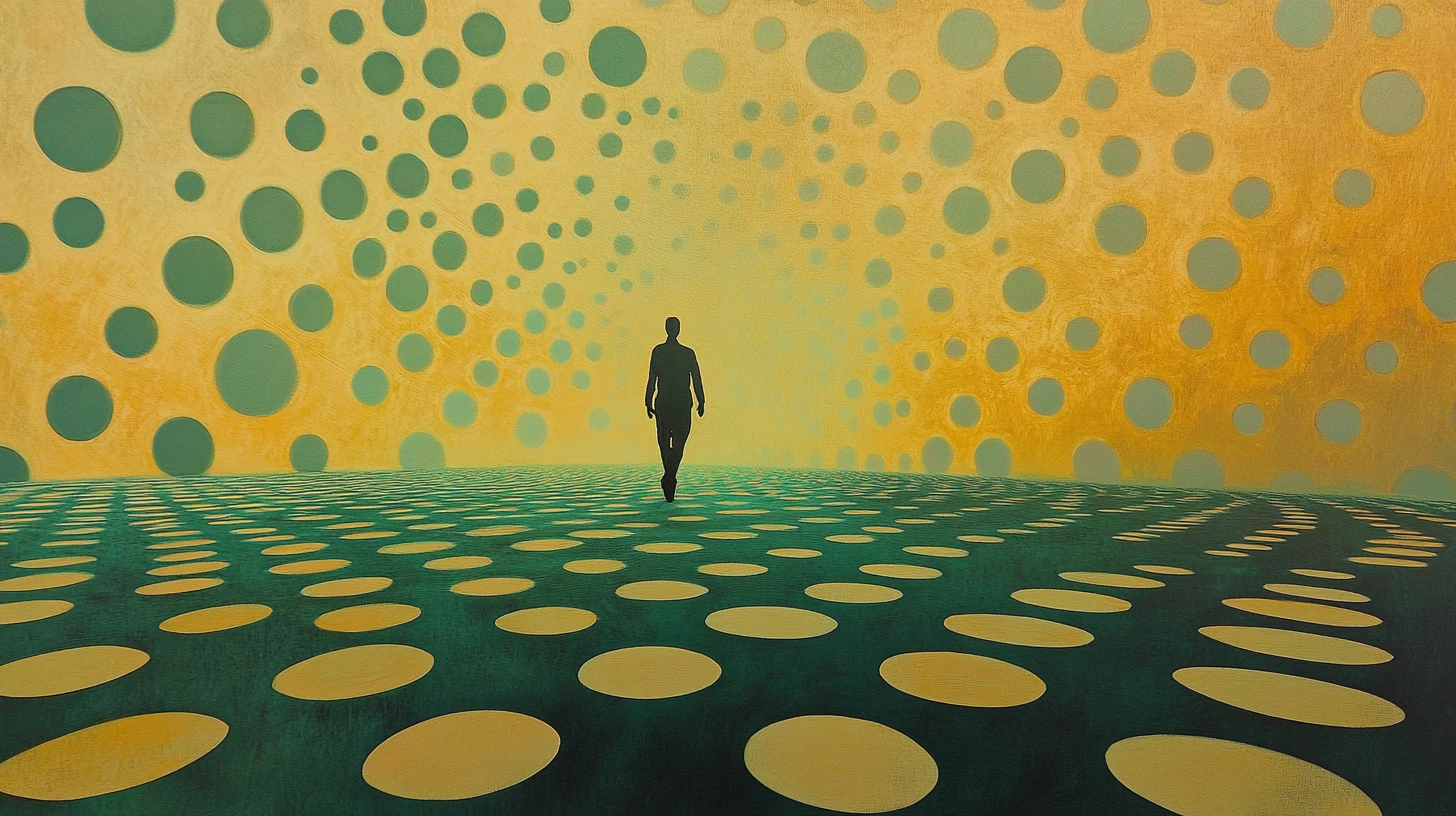 Person walking through dots into a minimalist open space