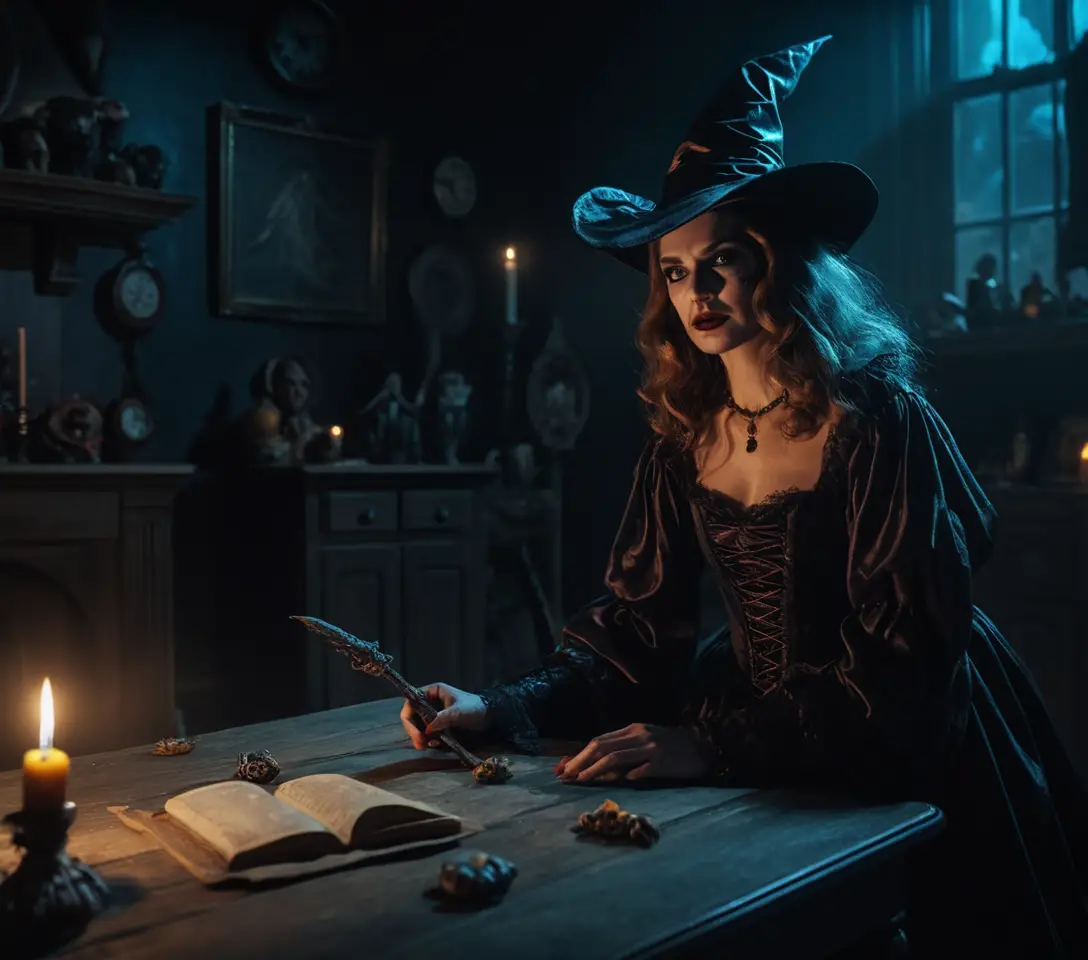 Mischievous witch stalking her prey in surreal dreamscape