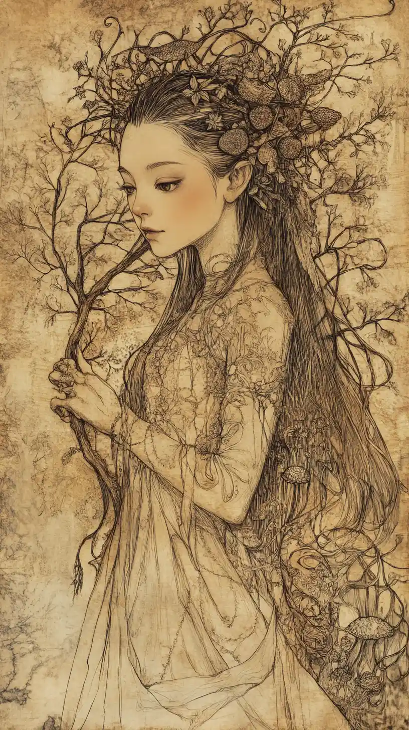Surreal maiden holding glowing fungi on fragile branch