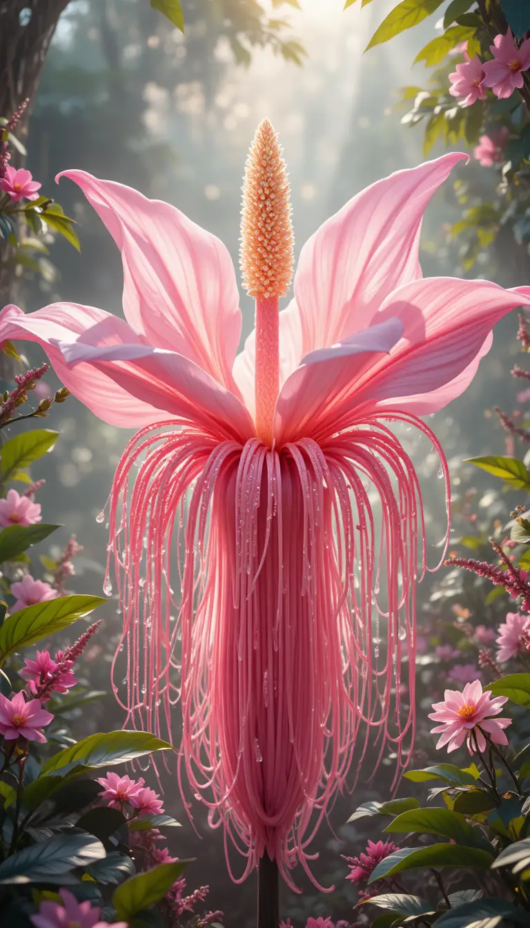Pink tropical bat flower with dewdrops in sunlight
