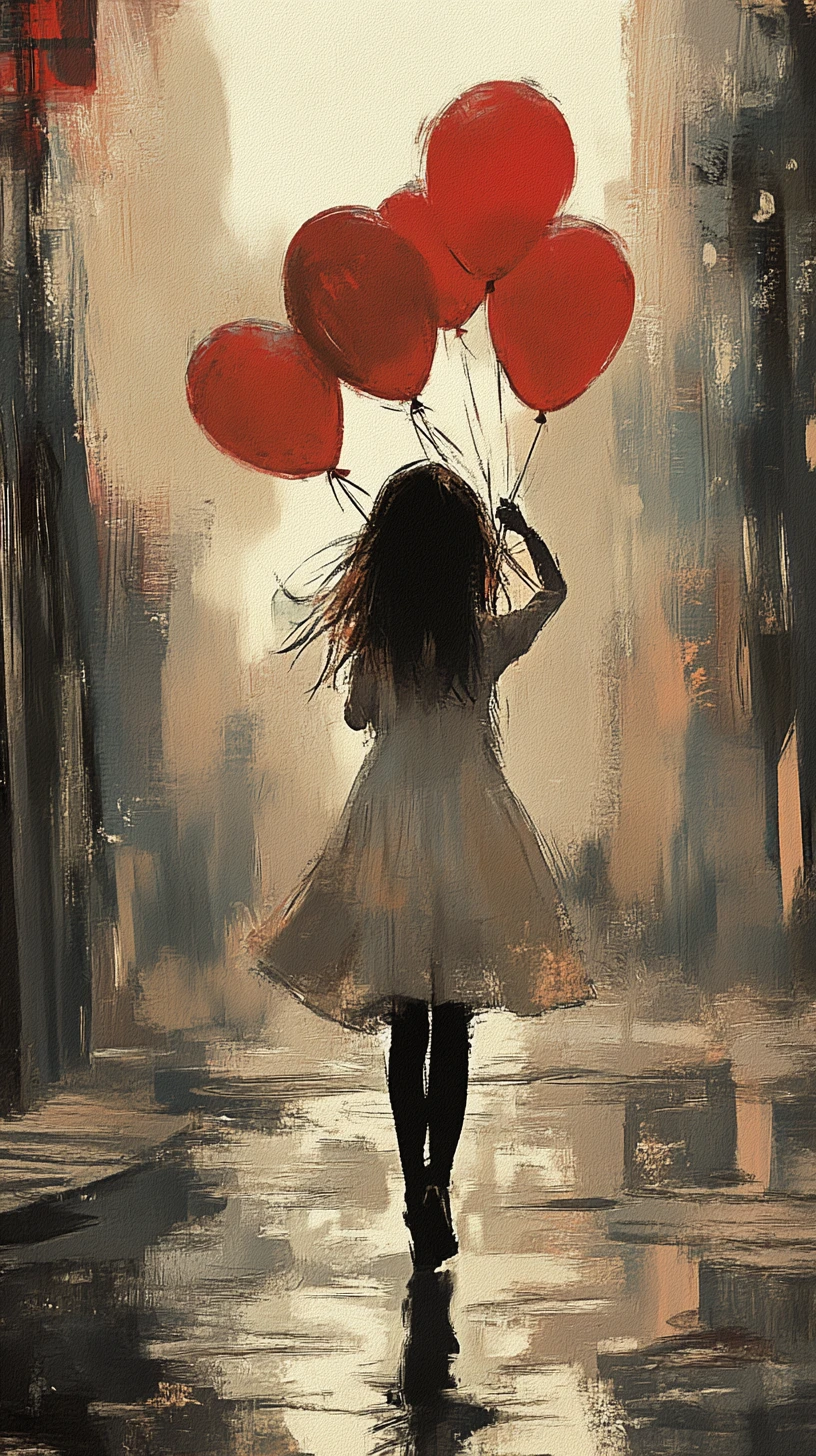 Girl with red balloons on a rainy cobblestone city street