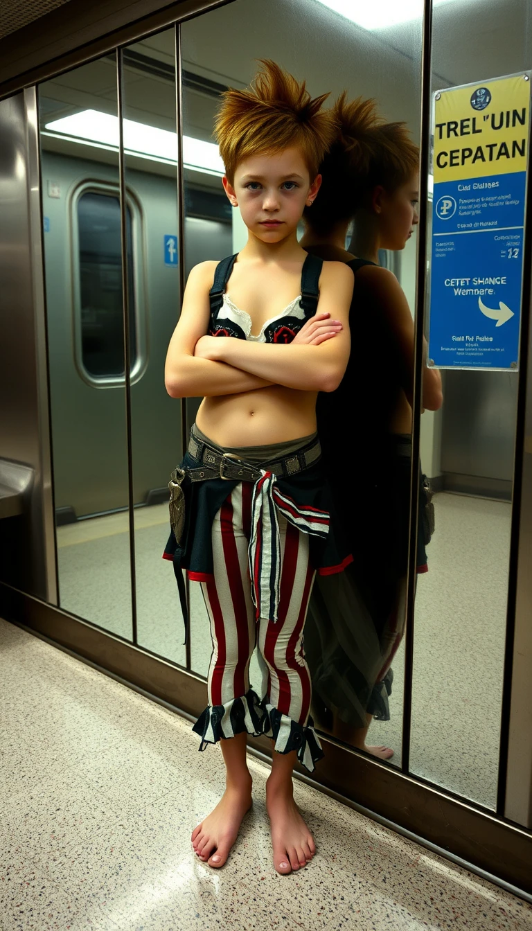 Young girl standing barefoot in a subway station mirror reflection