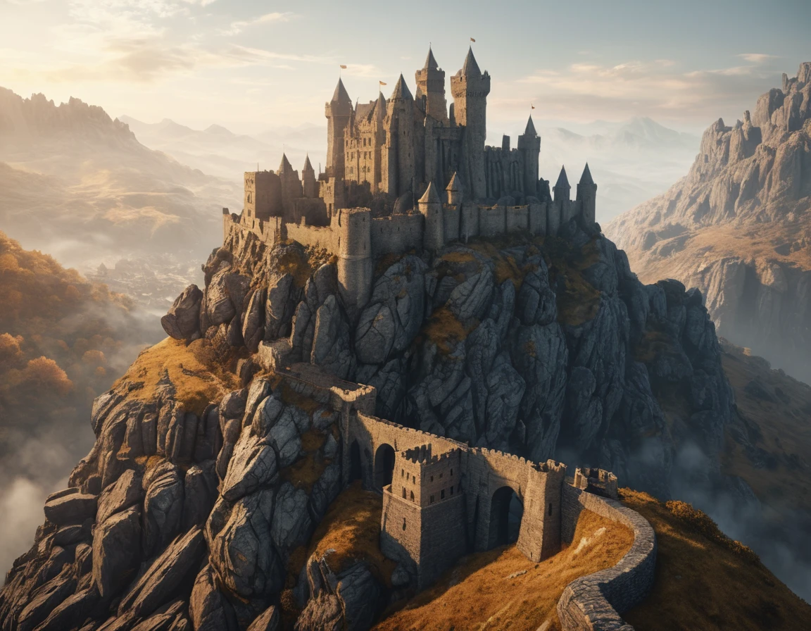 Medieval stone castle on a mountain peak at sunrise